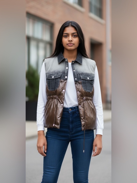 36Points Jackets & Blazers - Metallic Brown Puffer Vest with Denim Yoke